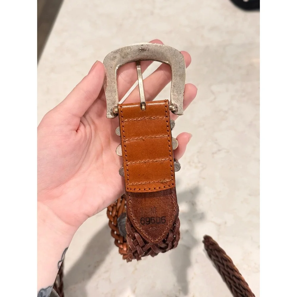 Vintage Braided Leather Concho Belt Brown Western Woven Silver Tone Buckle 69606